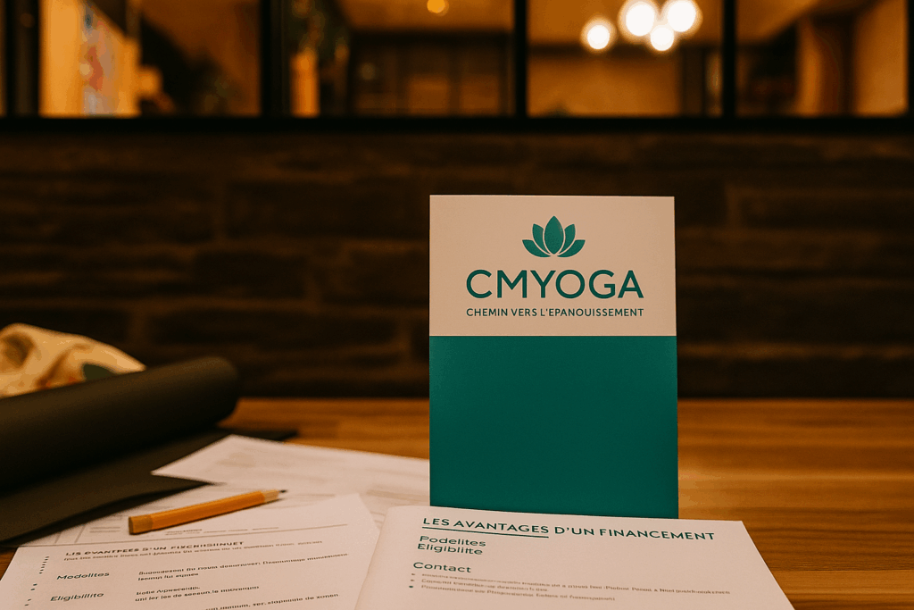 Documents de formation et prise de notes sur une table, guide pour obtenir un financement des formations CMYoga.